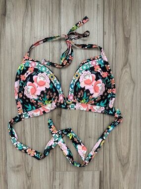 SHEIN Black Floral Halter Bikini Top with Pink & Teal Accents